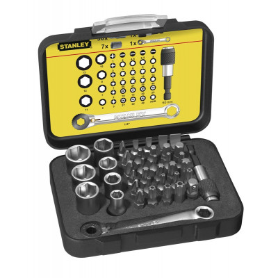 COFFRET D'EMBOUTS DE VISSAGE 1/4" 25MM + MINI-CLIQUET - JEU DE 39 PIÈCES - GAMME PRO STANLEY 1-13-907