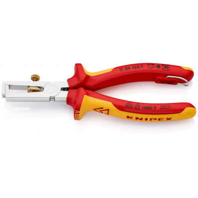 Pince à dénuder 160mm avec ressort - Bi-matière - Chromée - 1000V - Antichute - KNIPEX | 11 06 160 T