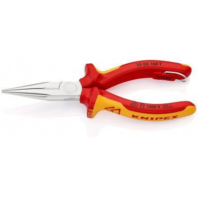 Pince à becs demi-ronds 160mm Tranchant - Chromée - isolée 1000V - Antichute SC - KNIPEX | 25 06 160 T BK