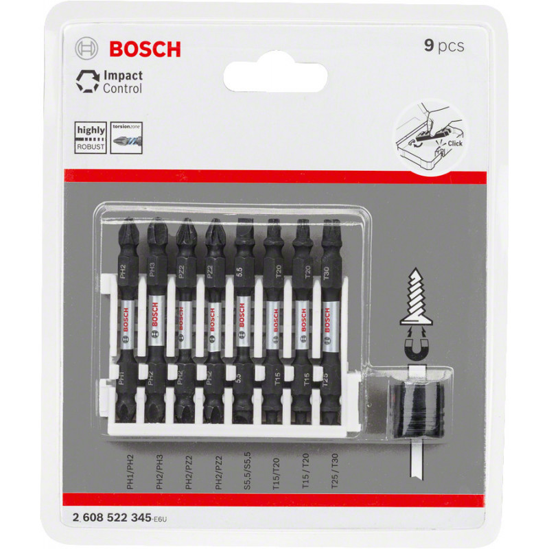 Kit 8 Impact PH1-PH2 PH2-PH3 2xPH2-PZ2 Plat1x5,5 2xT15-T20 T25-T30 65mm + aimant - BOSCH | 2 608 522 345