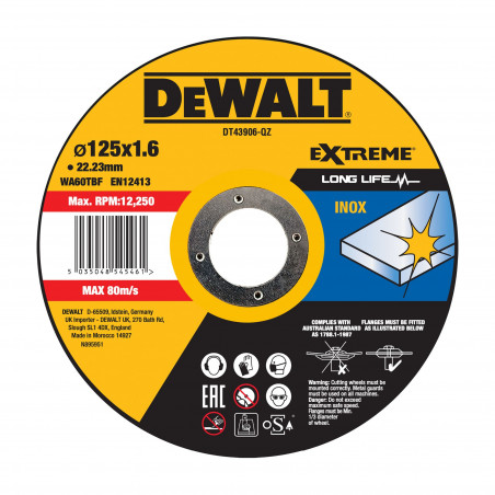 Disque à Tronçonner L'Inox 125X22,2mm, Épaisseur 1.6mm, Moyeu Plat - Dewalt | DT43906