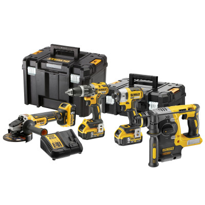 Kit 4 Outils 18V 5Ah Li-Ion Perceuse Visseuse  Visseuse à Chocs  Meuleuse  Perforateur SDSPlus - Dewalt | DCK422P3T
