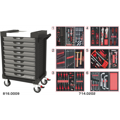 Servante PEARLline grise et noire 9 tiroirs équipée de 202 outils - KS Tools | 816.9202