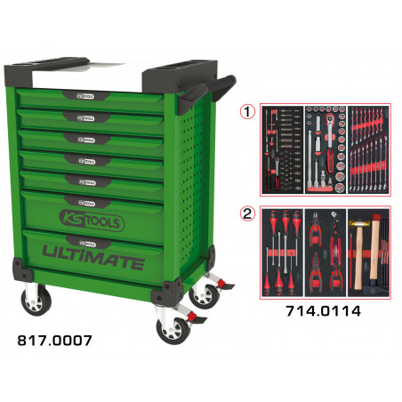 Servante PEARLline verte 7 tiroirs équipée de 114 outils - KS Tools | 817.7114