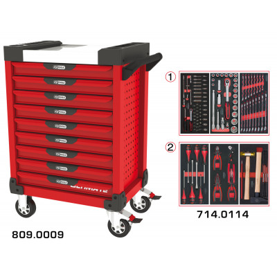 Servante PEARLline rouge 9 tiroirs équipée de 114 outils - KS Tools | 809.9114