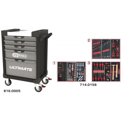 Servante PEARLline grise et noire 5 tiroirs équipée de 158 outils - KS Tools | 816.5158