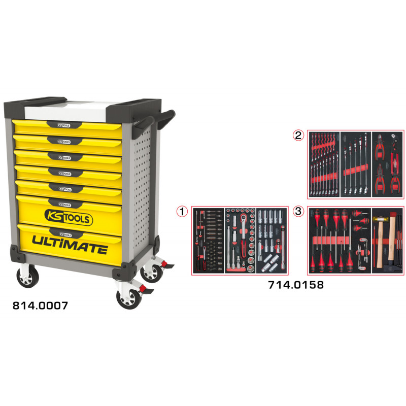 Servante PEARLline grise et jaune 7 tiroirs équipée de 158 outils - KS Tools | 814.7158