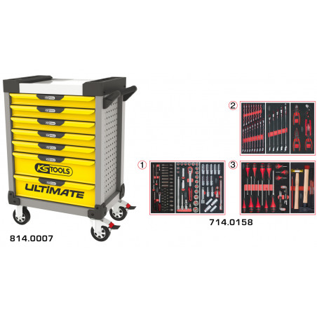 Servante PEARLline grise et jaune 7 tiroirs équipée de 158 outils - KS Tools | 814.7158