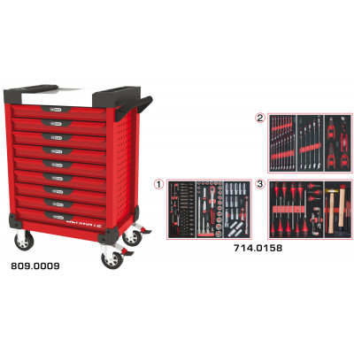 Servante PEARLline rouge 9 tiroirs équipée de 158 outils - KS Tools | 809.9158