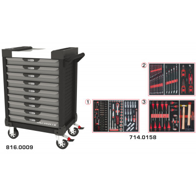 Servante PEARLline grise et noire 9 tiroirs équipée de 158 outils - KS Tools | 816.9158