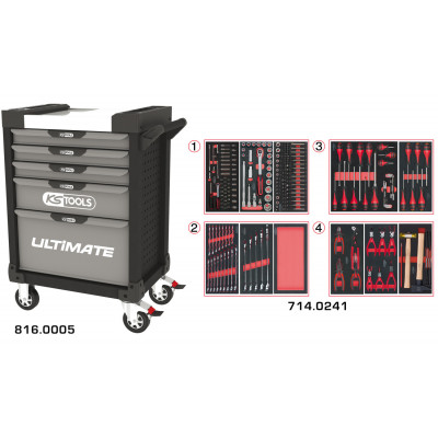 Servante PEARLline grise et noire 5 tiroirs équipée de 241 outils - KS Tools | 816.5241