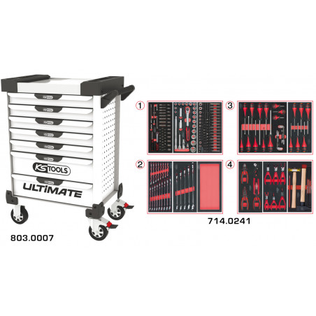 Servante PEARLline blanche 7 tiroirs équipée de 241 outils - KS Tools | 803.7241