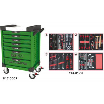 Servante PEARLline verte 7 tiroirs équipée de 173 outils - KS Tools | 817.7173
