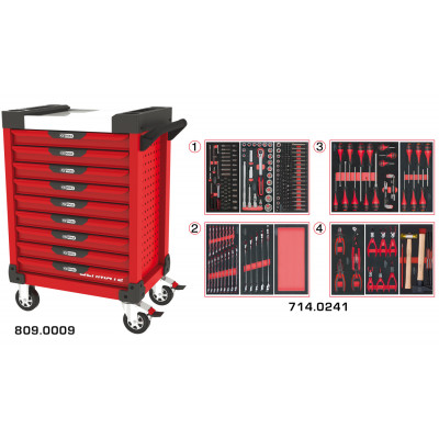 Servante PEARLline rouge 9 tiroirs équipée de 241 outils - KS Tools | 809.9241