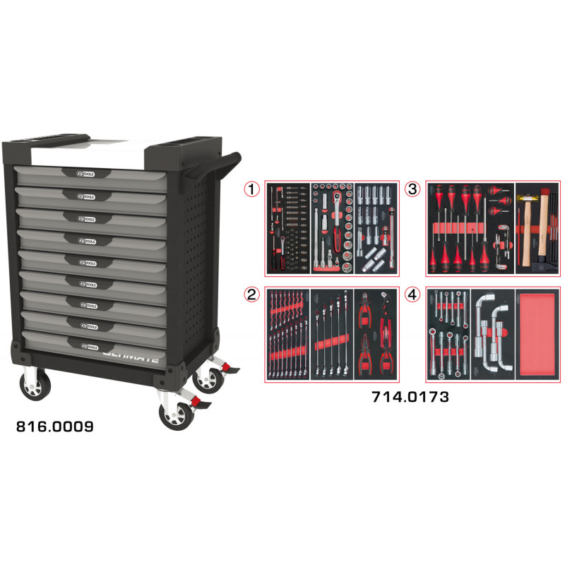 Servante PEARLline grise et noire 9 tiroirs équipée de 173 outils - KS Tools | 816.9173