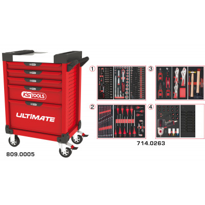 Servante PEARLline rouge 5 tiroirs équipée de 263 outils - KS Tools | 809.5263