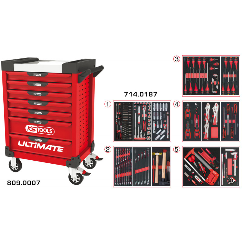 Servante PEARLline rouge 7 tiroirs équipée de 187 outils - KS Tools | 809.7186