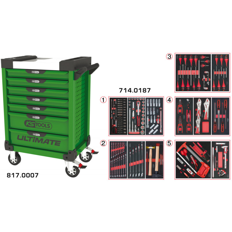 Servante PEARLline verte 7 tiroirs équipée de 187 outils - KS Tools | 817.7186