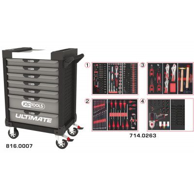 Servante PEARLline grise et noire 7 tiroirs équipée de 263 outils - KS Tools | 816.7263