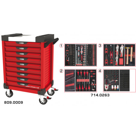 Servante PEARLline rouge 9 tiroirs équipée de 263 outils - KS Tools | 809.9263