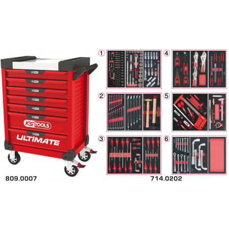 Servante PEARLline rouge 7 tiroirs équipée de 202 outils - KS Tools | 809.7202