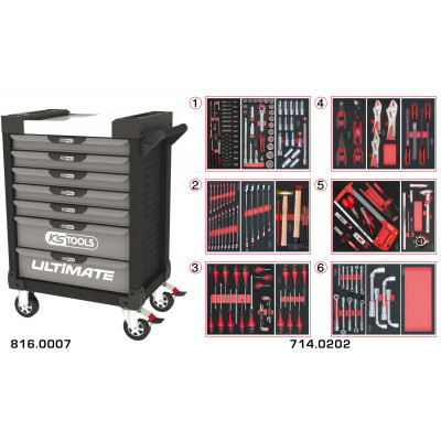 Servante PEARLline grise et noire 7 tiroirs équipée de 202 outils - KS Tools | 816.7202