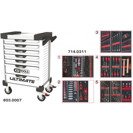 Servante PEARLline blanche 7 tiroirs équipée de 311 outils - KS Tools | 803.7311