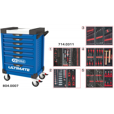 Servante PEARLline bleue 7 tiroirs équipée de 311 outils - KS Tools | 804.7311