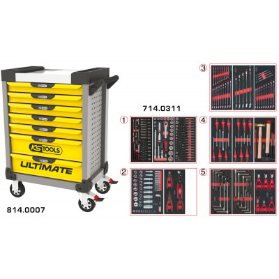 Servante PEARLline grise et jaune 7 tiroirs équipée de 311 outils - KS Tools | 814.7311
