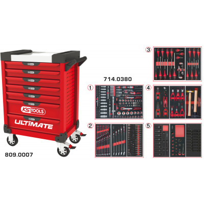 Servante PEARLline rouge 7 tiroirs équipée de 384 outils - KS Tools | 809.7380