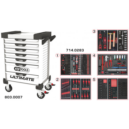 Servante PEARLline blanche 7 tiroirs équipée de 283 outils - KS Tools | 803.7283