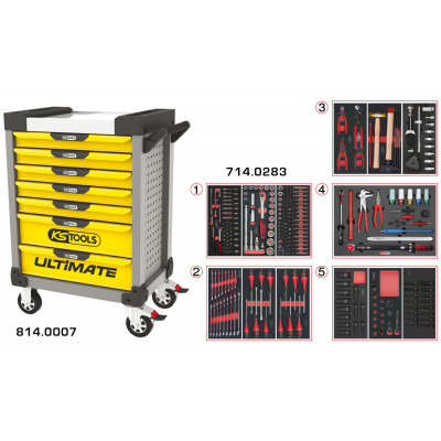 Servante PEARLline grise et jaune 7 tiroirs équipée de 283 outils - KS Tools | 814.7283