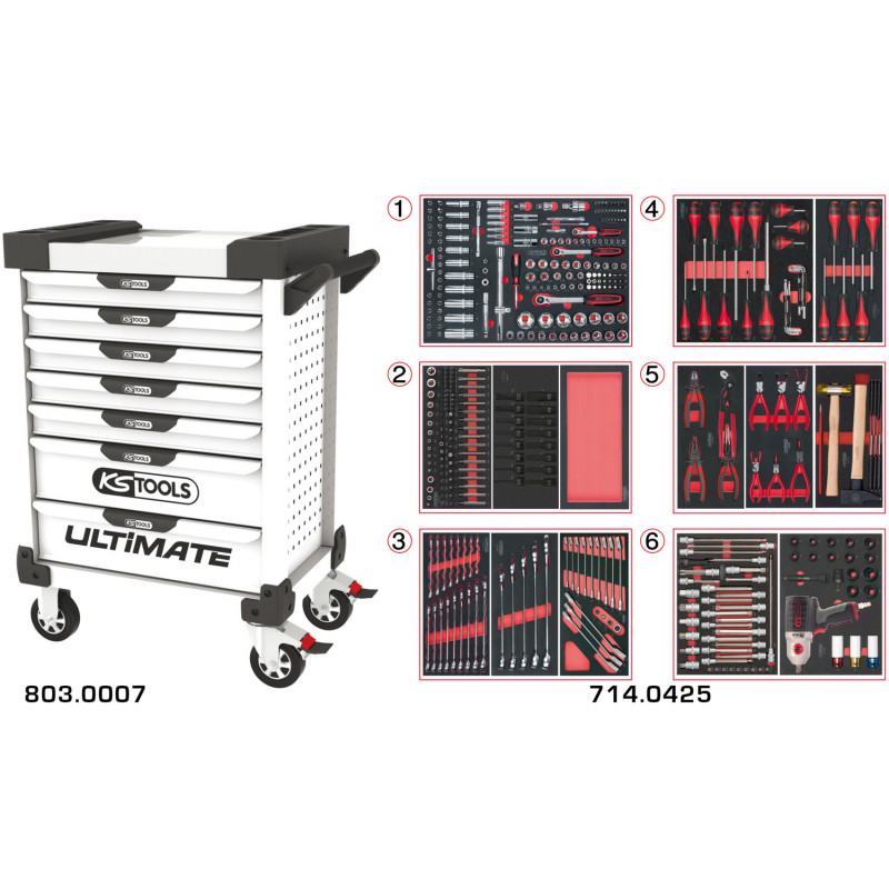 Servante PEARLline blanche 7 tiroirs équipée de 429 outils - KS Tools | 803.7425