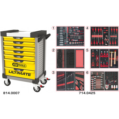 Servante PEARLline grise et jaune 7 tiroirs équipée de 429 outils - KS Tools | 814.7425