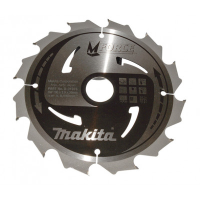 Lames carbures MForce, pour bois, pour scies circulaires Ø 190mm, Alésage 30mm, dents 12, Ang. croch. 15 ° Makita | B-31974