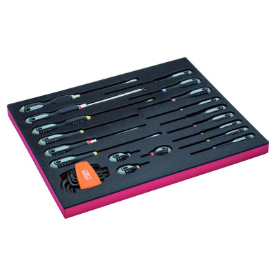 Jeu de tournevis Clé mâle/Vis à fente/Phillips/Pozidriv, module mousse 3/3 Fit&Go - 27 pcs - Bahco | FF1A1002