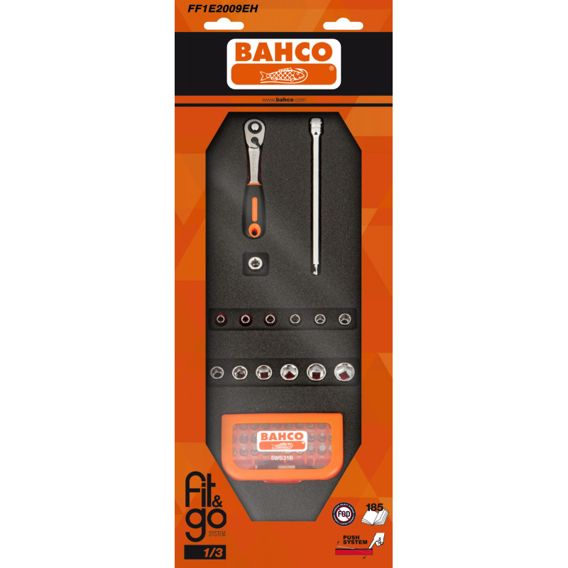 Module mousse Fit&Go 1/3, douilles 1/4" & jeu d'embouts - 46 Pcs emballage individuel - Bahco | FF1E2009EH