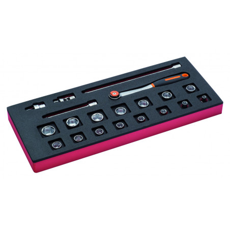 Jeu de douilles 3/8" et cliquet à tête ronde, module mousse 1/3 Fit&Go - 20 pcs - Bahco | FF1E2104