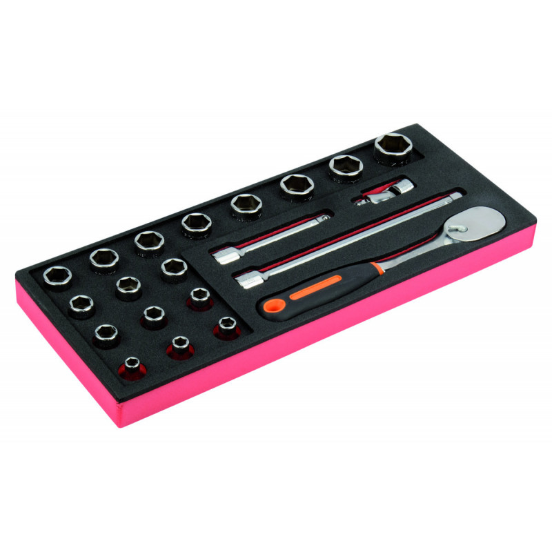 Jeu de douilles 1/2" et cliquets, module mousse 1/3 Fit&Go - 21 pcs - Bahco | FF1E2202