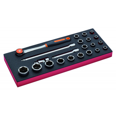 Jeu de douilles 1/2" et cliquet à tête ronde, module mousse 1/3 Fit&Go - 22 pcs - Bahco | FF1E2203