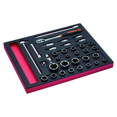 Jeu de douilles 1/2" et cliquet à tête ronde, module mousse 2/3 Fit&Go - 35 pcs - Bahco | FF1F2201