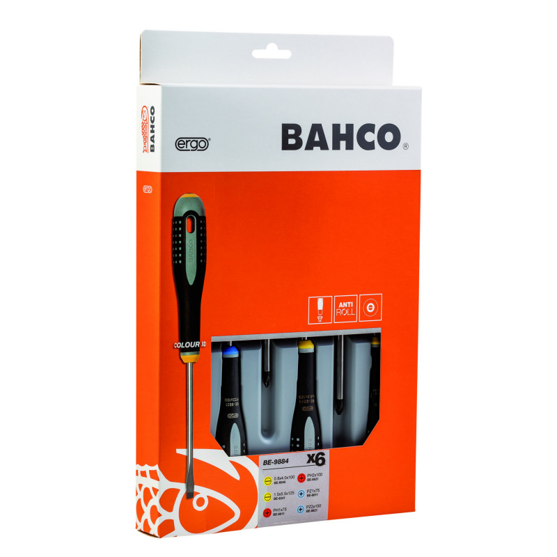 Jeu de tournevis vis à fente ERGO™/Phillips/Pozidriv avec poignée en caoutchouc - 6 pcs Bahco | BE-9884