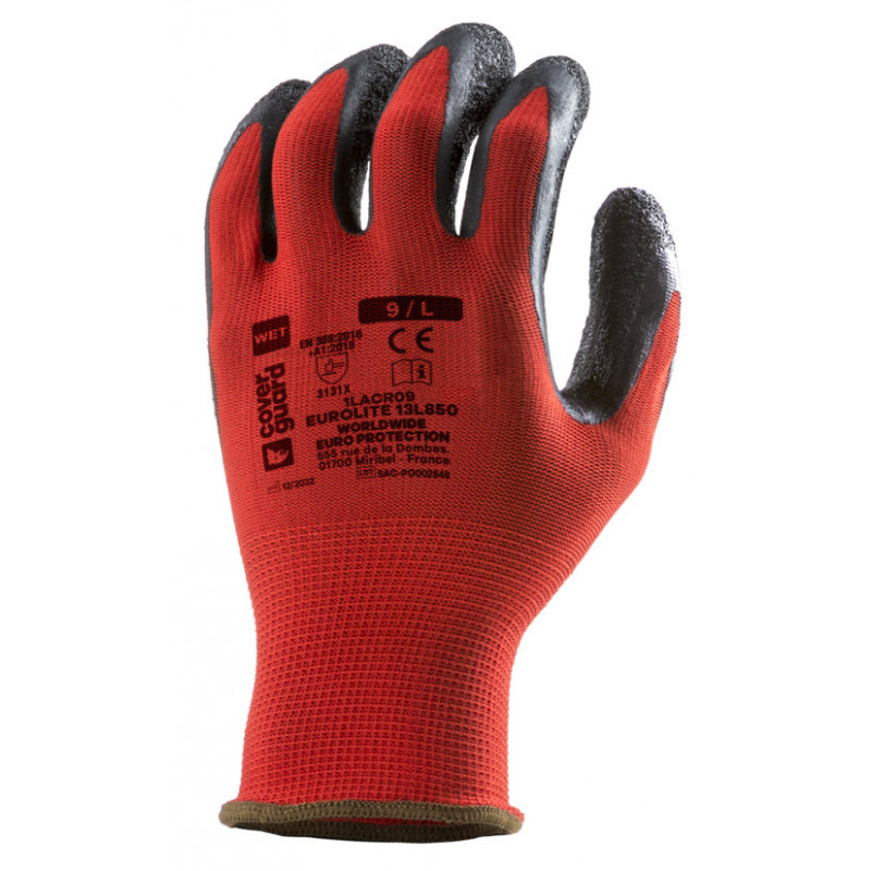 Gants EUROLITE 13L850 polyester rouge J13 paume enduite latex noir - COVERGUARD | 1LACR