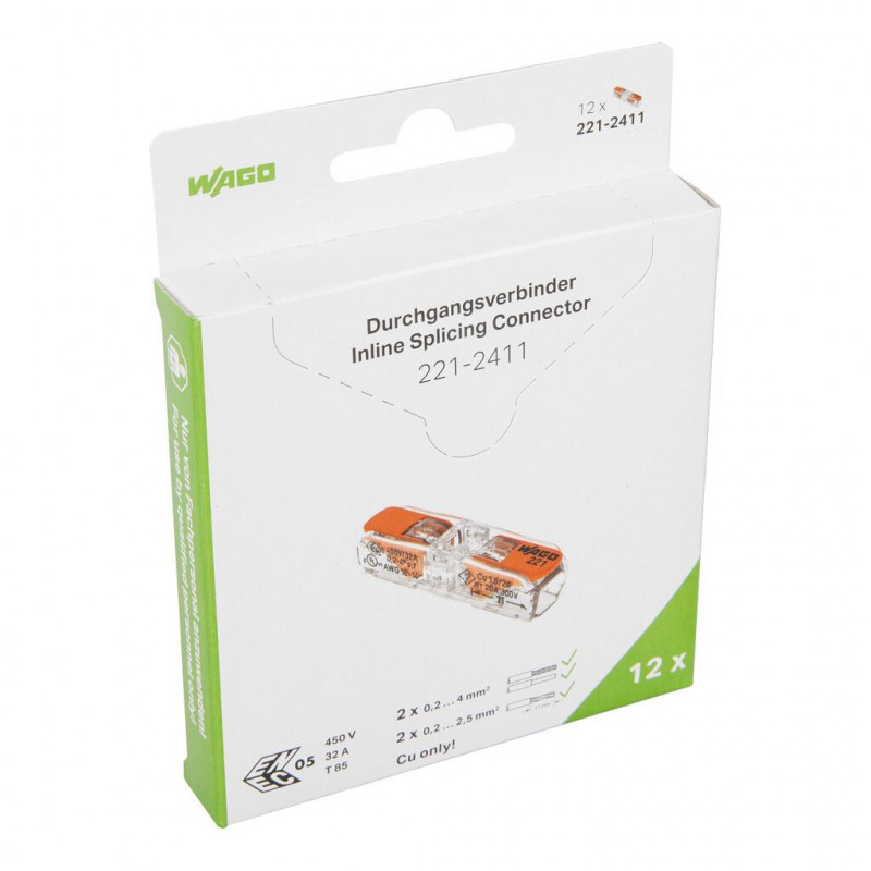 Borne WAGO 221 Inline 2x4mm² à leviers souple & rigide - Wago | 221-2411/995-012