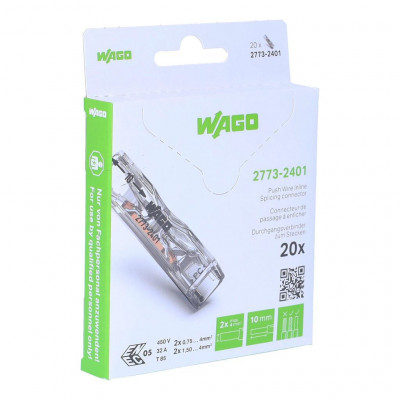 Borne WAGO 2773 Inline 2x4mm² rigide, Boîte de 20 - Wago | 2773-2401/995-020