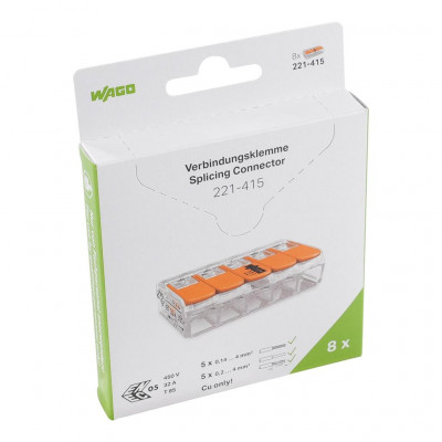 Borne WAGO 221 Mini 5x4mm² à leviers souple & rigide, Boîte de 8 - WAGO | 221-415/995-008