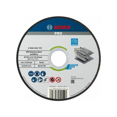 Disque à tronçonner à moyeu plat Standard for Inox diamètre 125 x 1,6mm Allésage 22,23mm BOSCH | 2608603172