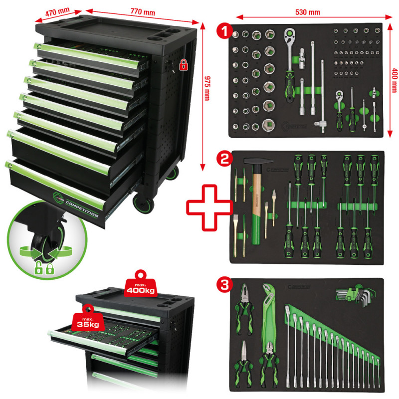 Servante d'atelier COMPETITION avec 7 tiroirs et 119 outils premium - KSTools | 512.3119