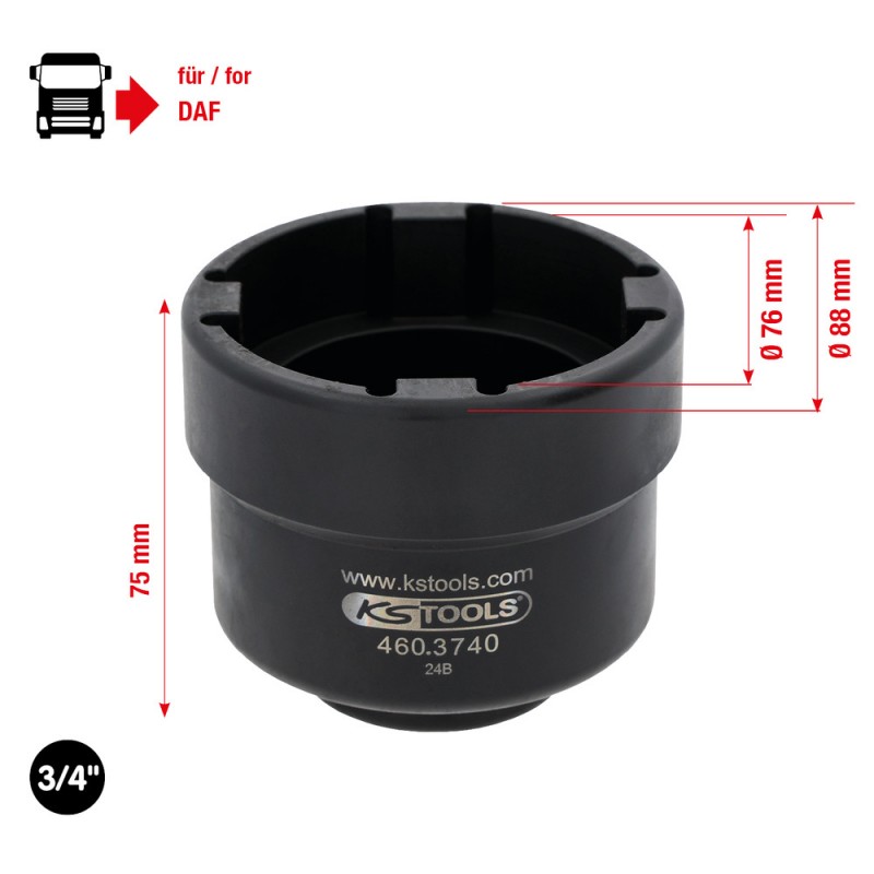 Clé à écrous rainurée 3/4’’ avec 4 ergots pour DAF, ergot intérieur Ø 66,8 mm - KSTools | 460.3740