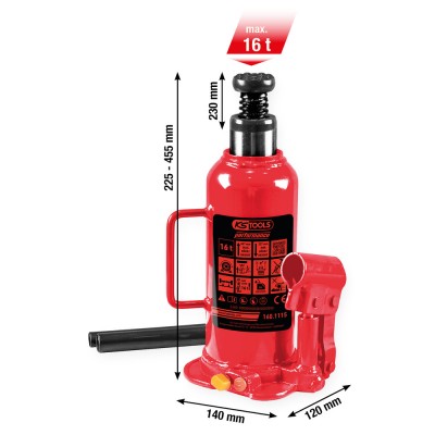 Cric bouteille hydraulique Performance, 16000 kg, levée : 227-457 mm - KSTools | 160.1115